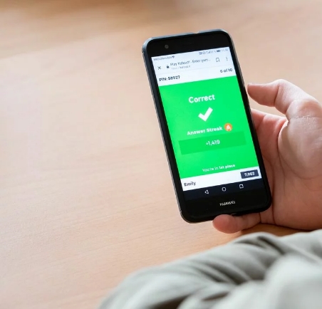 Eine Person hält ein Smartphone in der Hand. Auf diesem ist ein grüner Hintergrund und ein weißer Haken zu sehen. Zudem der Schriftzug "correct".